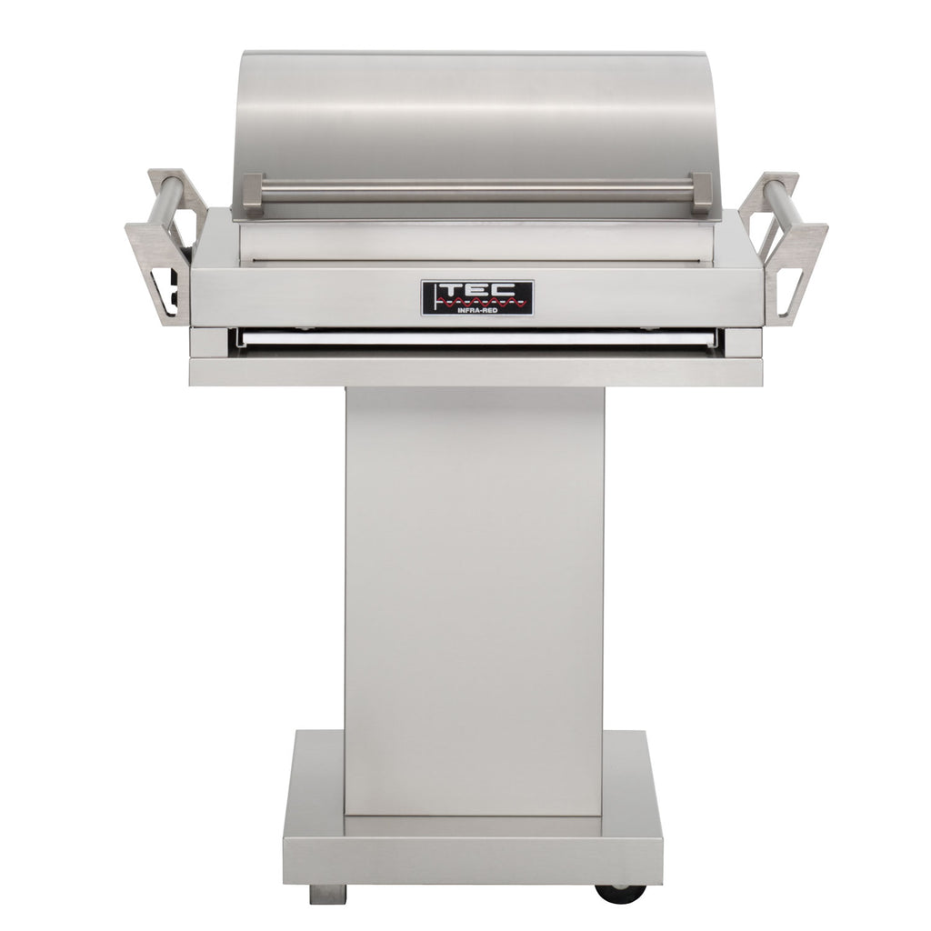 Stainless steel infrared portable tabletop grill with pedestal base, front view
