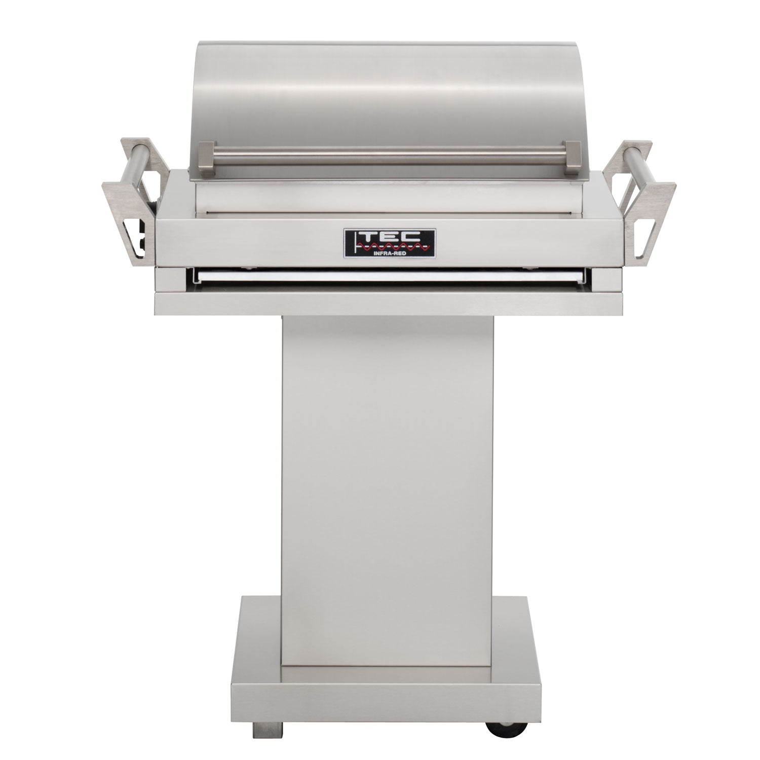 Stainless steel infrared portable tabletop grill with pedestal base, front view