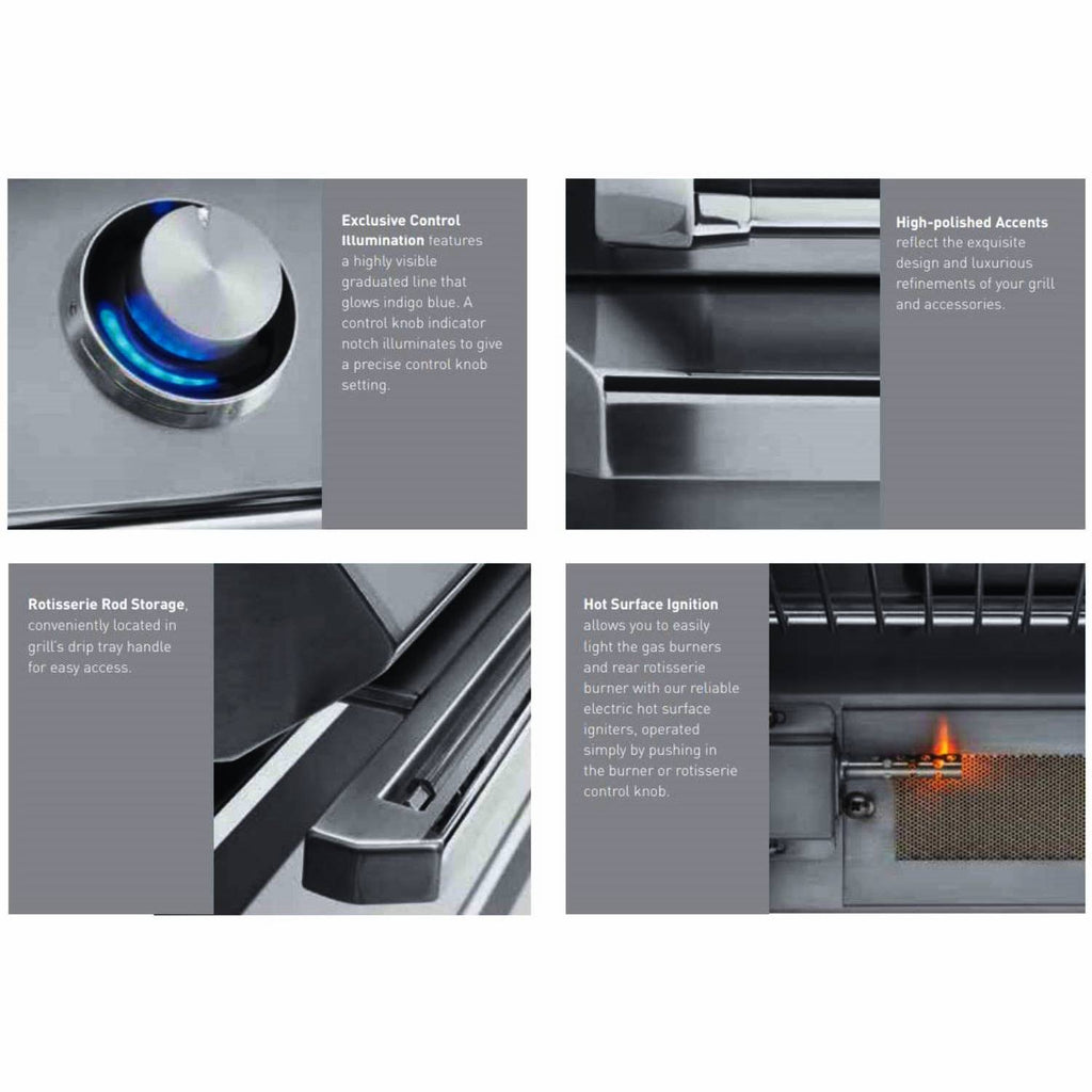 Gas grill front panel with control knobs and illuminated burner area