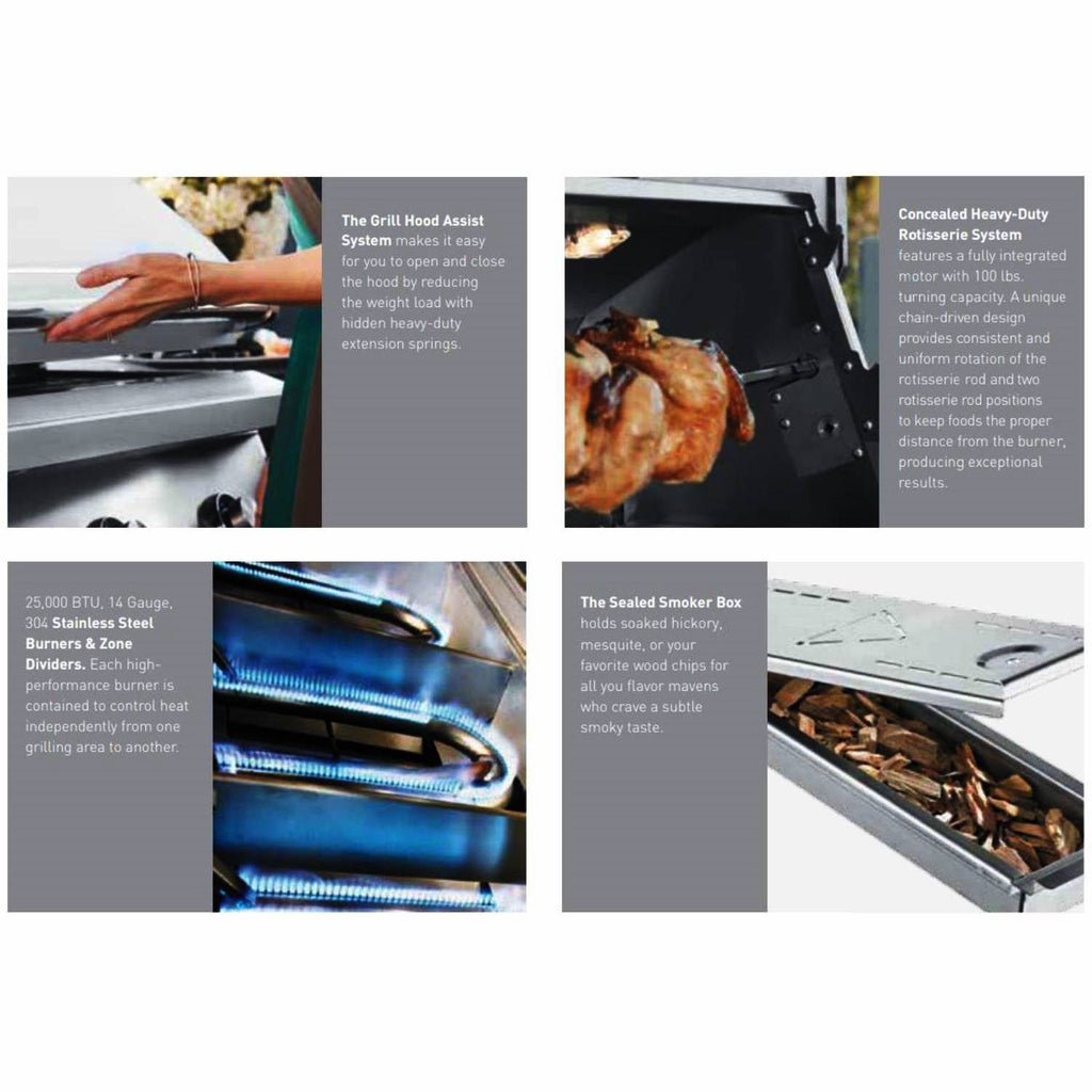 Gas grill with open hood, roasting surface, and smoker box with lid