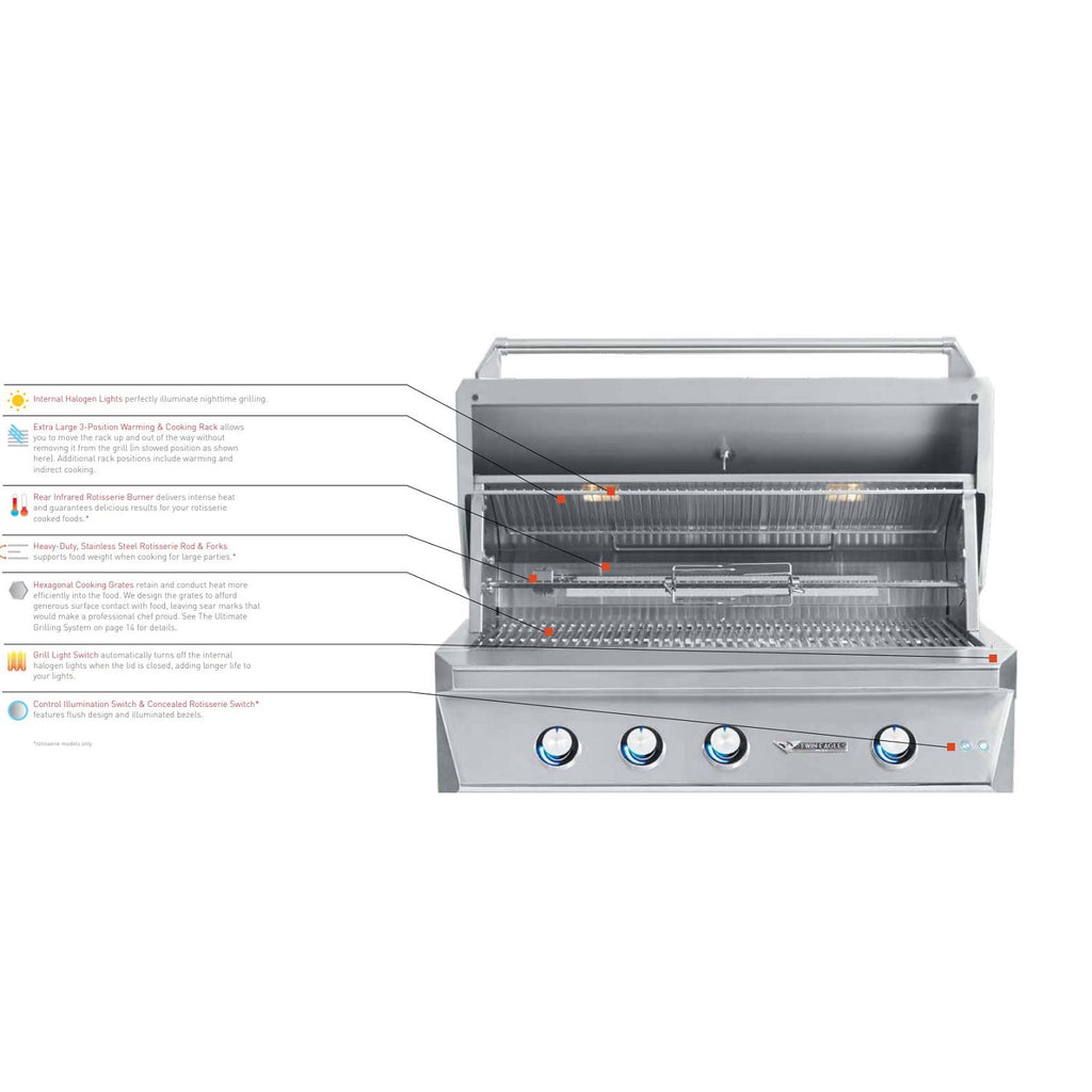 Stainless gas grill with lid open, burner tubes and front control panel visible
