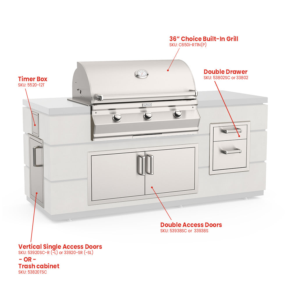 Outdoor kitchen grill island with built-in grill, double doors, and double drawers.