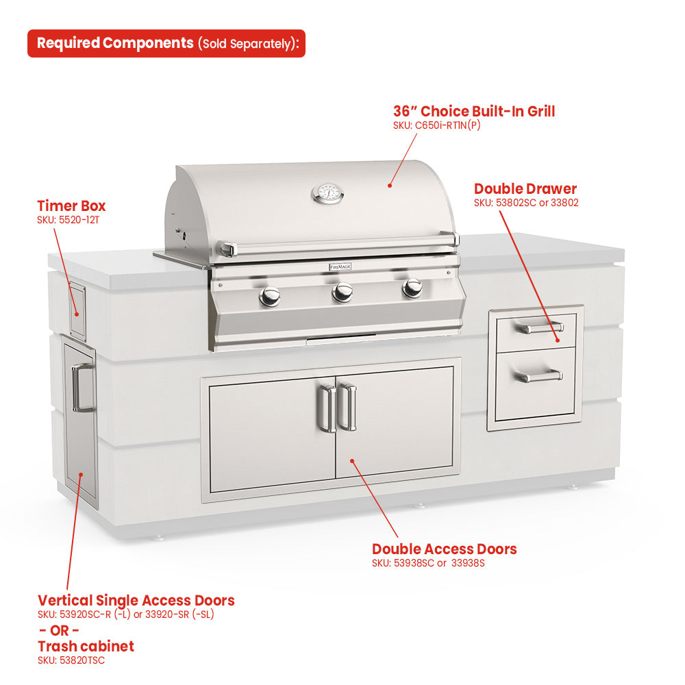 White outdoor kitchen island with built-in grill, double doors, and drawers