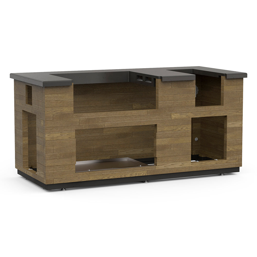 Reclaimed wood outdoor kitchen island with gray top and built-in grill and side storage