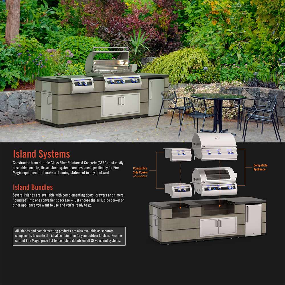 Outdoor kitchen island with built-in grill and side burner, with storage doors