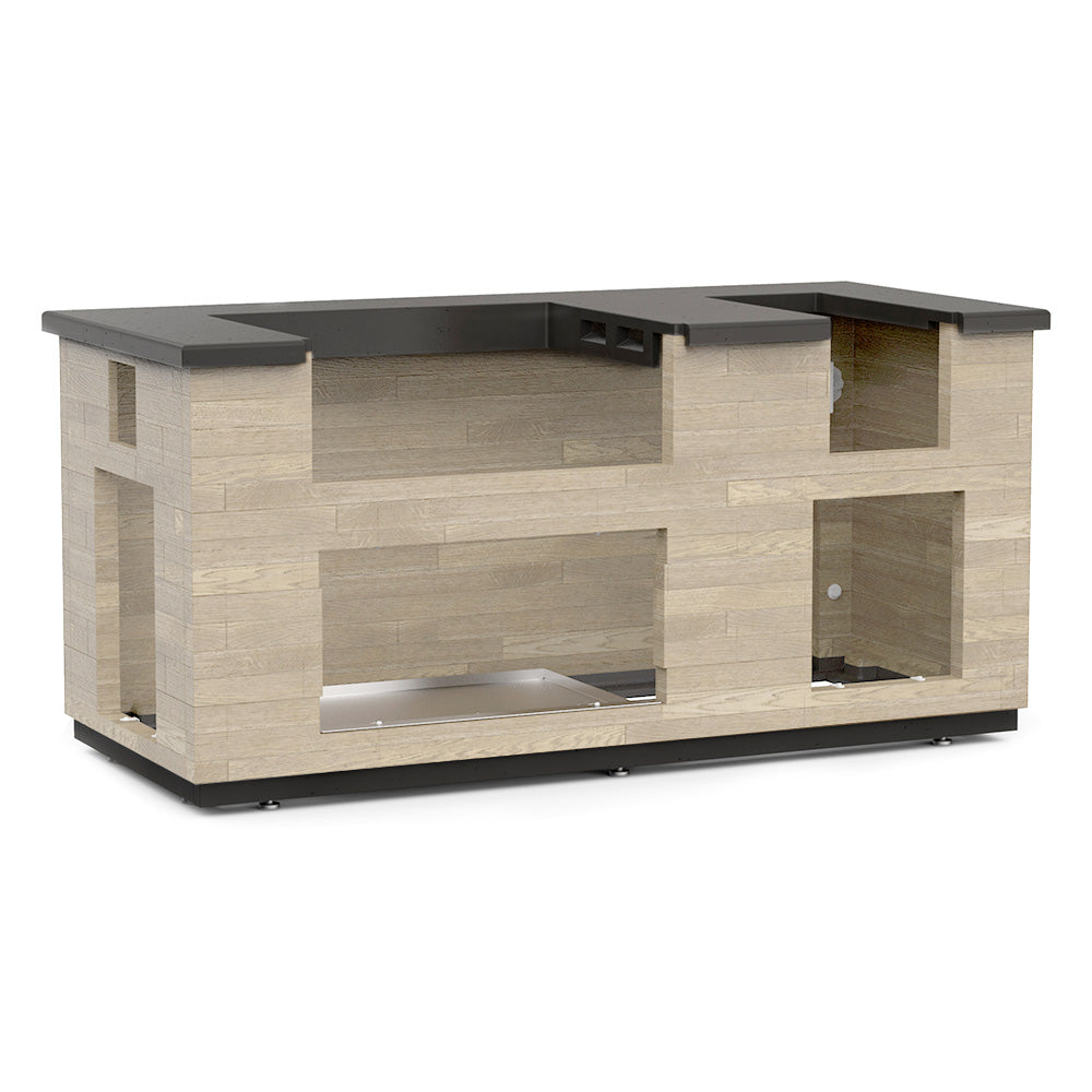 Reclaimed wood outdoor kitchen island with black top and built-in grill cut-out