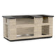 Reclaimed wood outdoor kitchen island with black top and built-in grill cut-out
