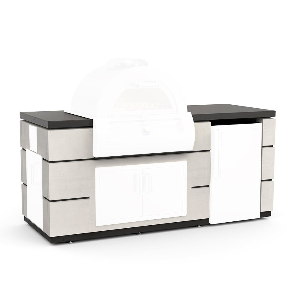 Outdoor kitchen island with pizza oven and large front storage, white and smoke accents