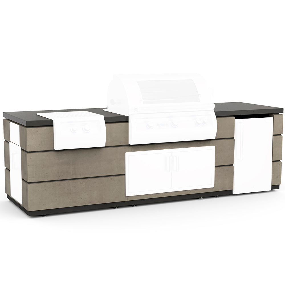 Outdoor kitchen island with dark countertop, gray cabinet doors and drawer panels