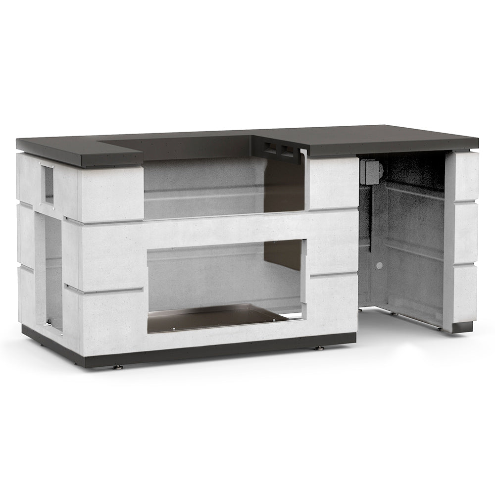 Outdoor kitchen island with dark countertop and open cabinet storage in white finish