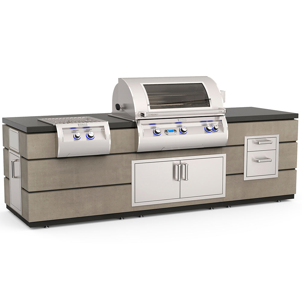 Outdoor kitchen island with white grill, side power burner, double doors and drawers