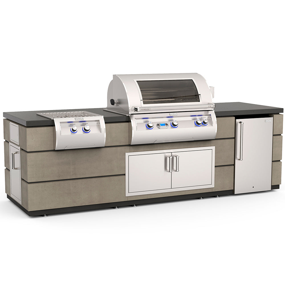 Outdoor kitchen island with stainless gas grill, power burner, doors, and storage cabinet