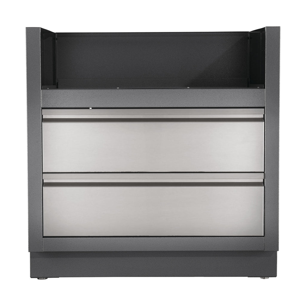 Dark gray under grill cabinet with open front and two lower drawer-style panels