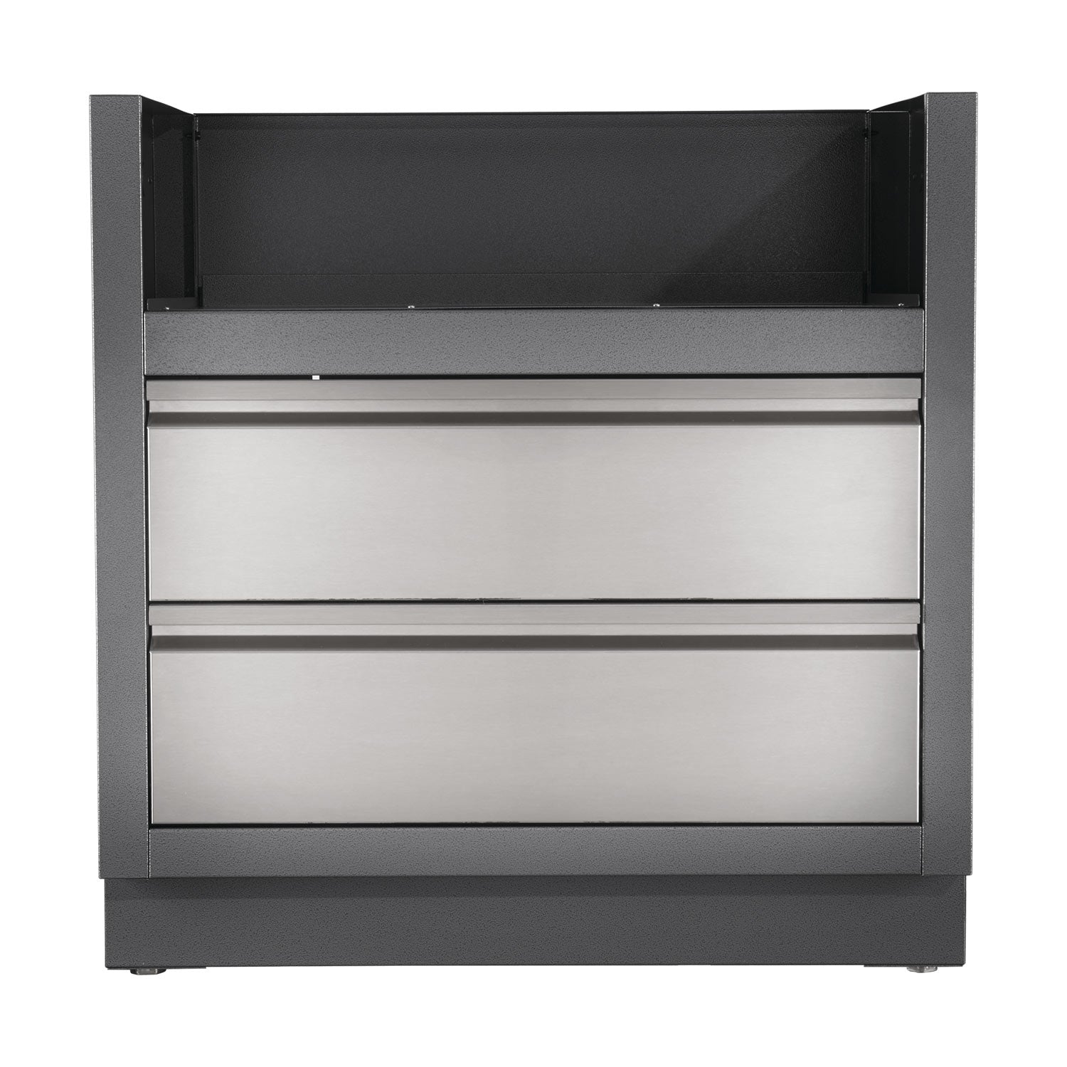 Dark gray under grill cabinet with open front and two lower drawer-style panels