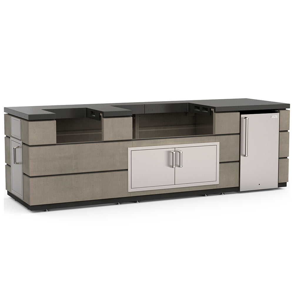 Fire Magic Contemporary Pre-Fab Complete Outdoor Kitchen Island Bundle with Doors, Timer and Refrigerator, Smoke Finish