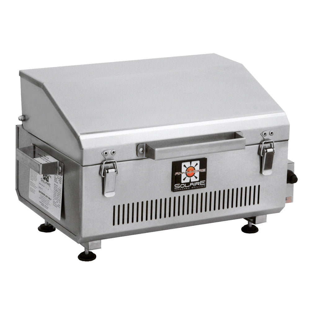 Portable infrared grill with hinged lid, gray metal body and side handles