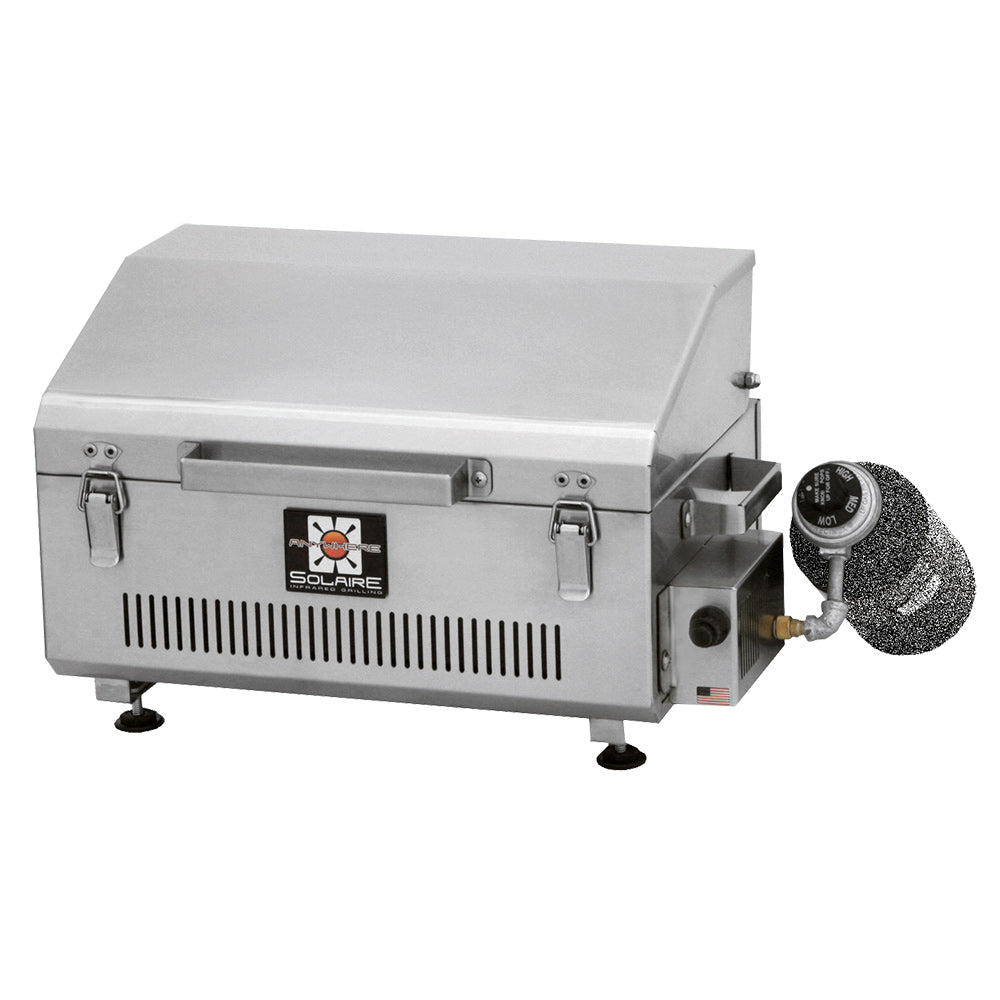 Portable infrared grill with regulator valve and control dial, gray body