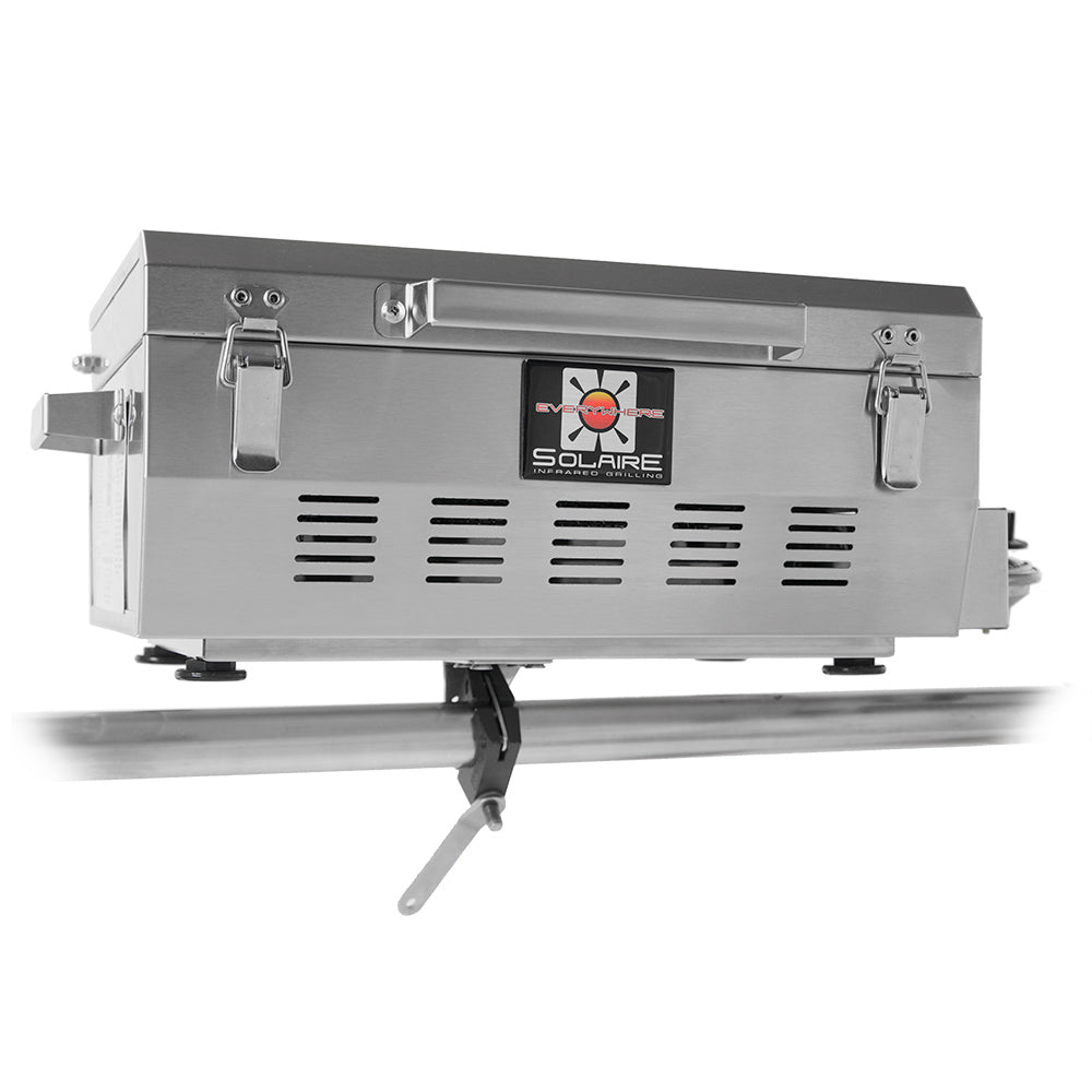 Portable infrared grill front with vent slots, latch clips, and mounting hardware