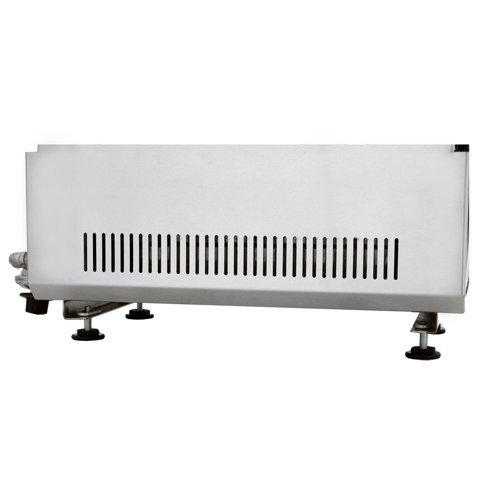 Portable infrared grill underside view with vent slots and four leveling feet