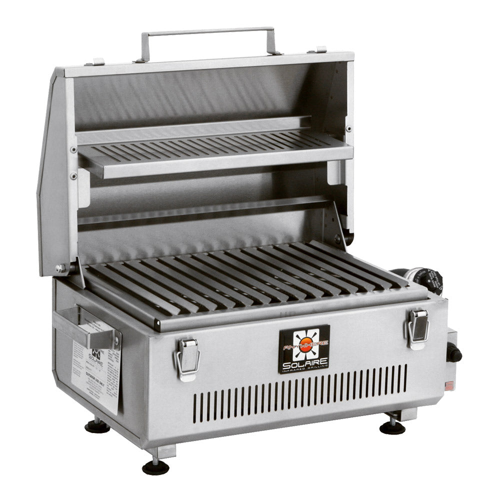 Portable infrared grill open with two grates and interior shelves, gray metal body