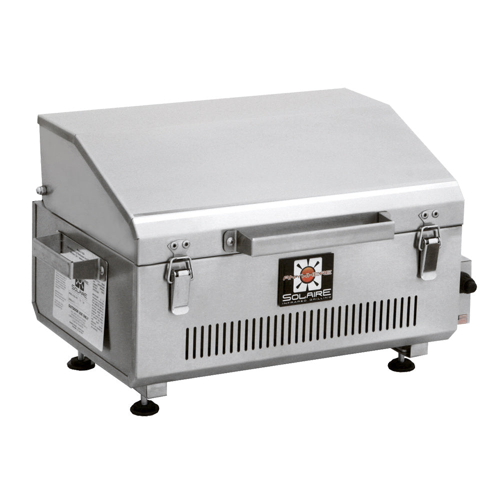 Stainless steel portable infrared grill with hinged lid, side handles, and vented front