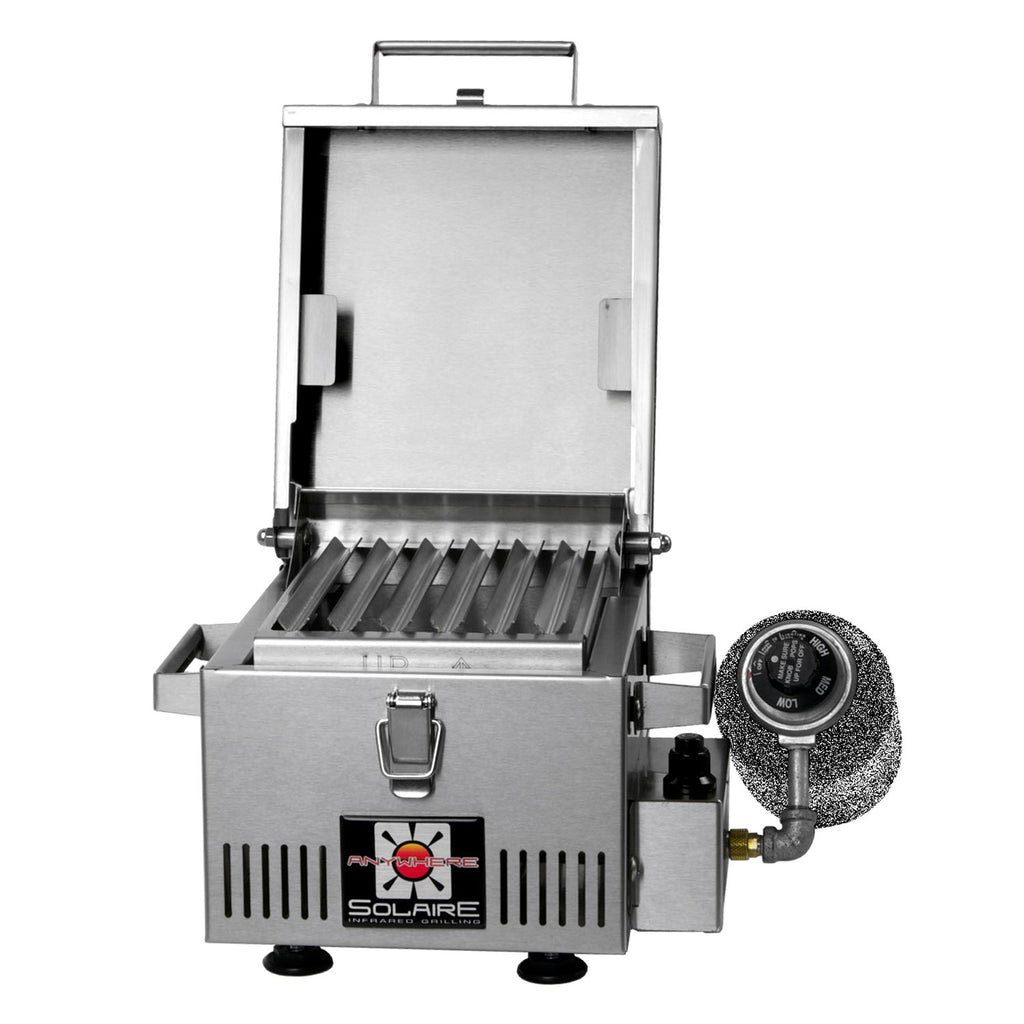 Mini infrared grill with open hood and infrared grate, propane regulator on right