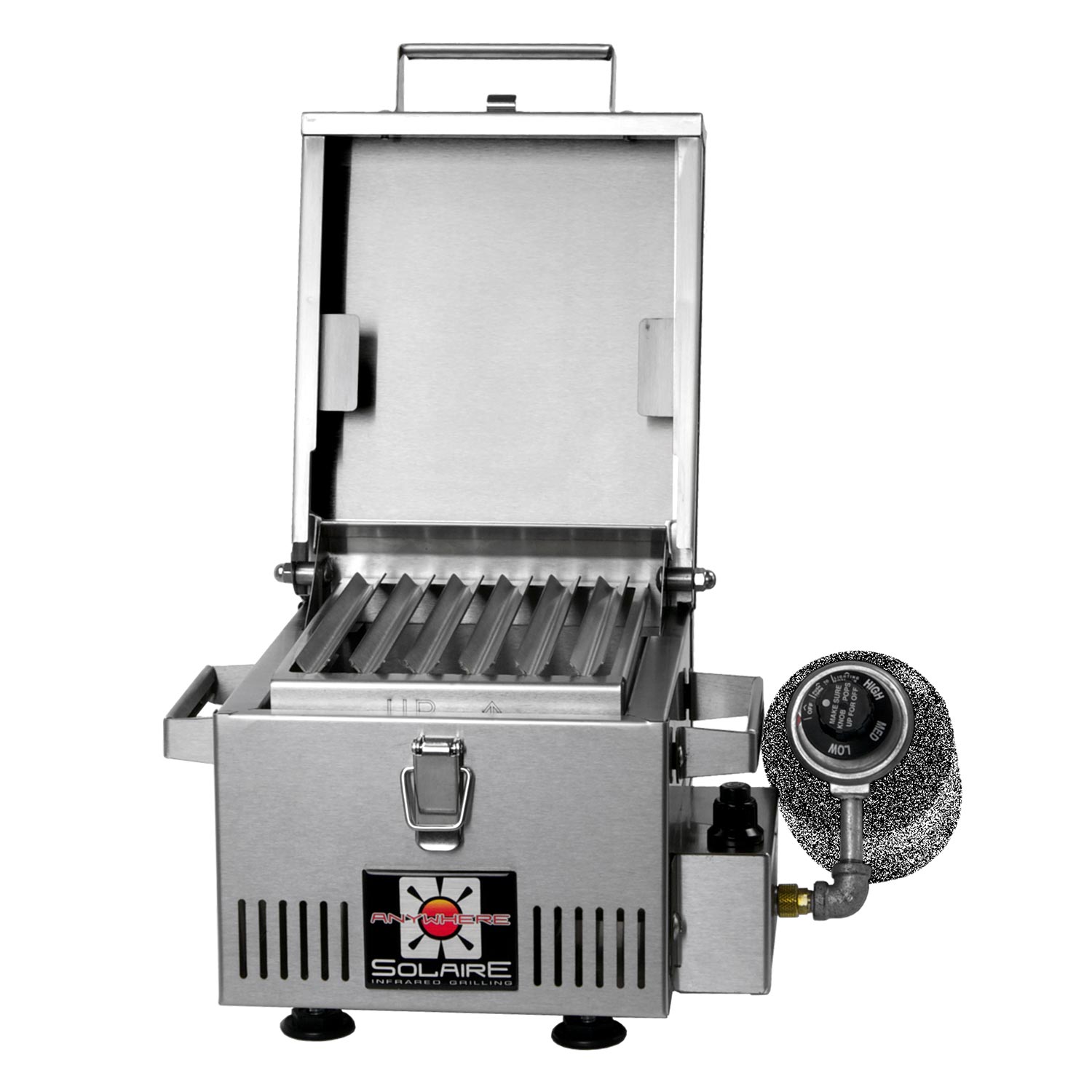 Mini infrared grill with open hood and infrared grate, propane regulator on right