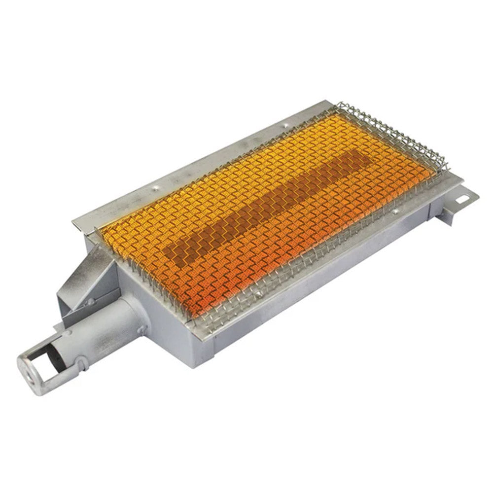 Infrared searing burner with metal housing and orange wire mesh grate