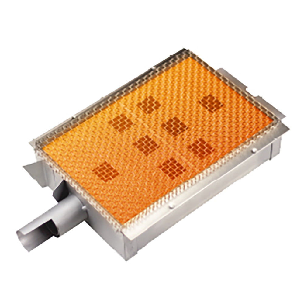 Infrared sear burner with rectangular metal frame and orange ceramic heating element