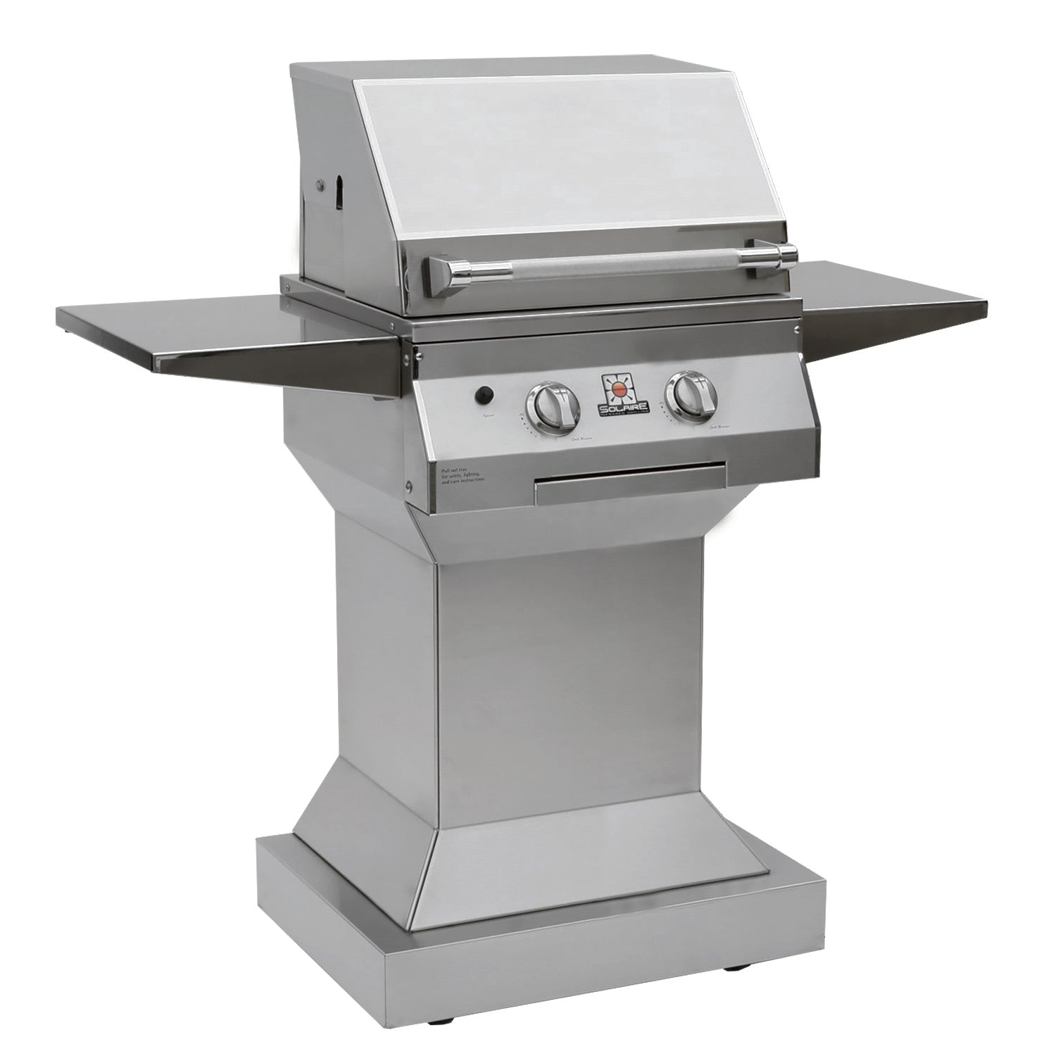 Stainless steel pedestal grill with lid and side shelves, front control knobs