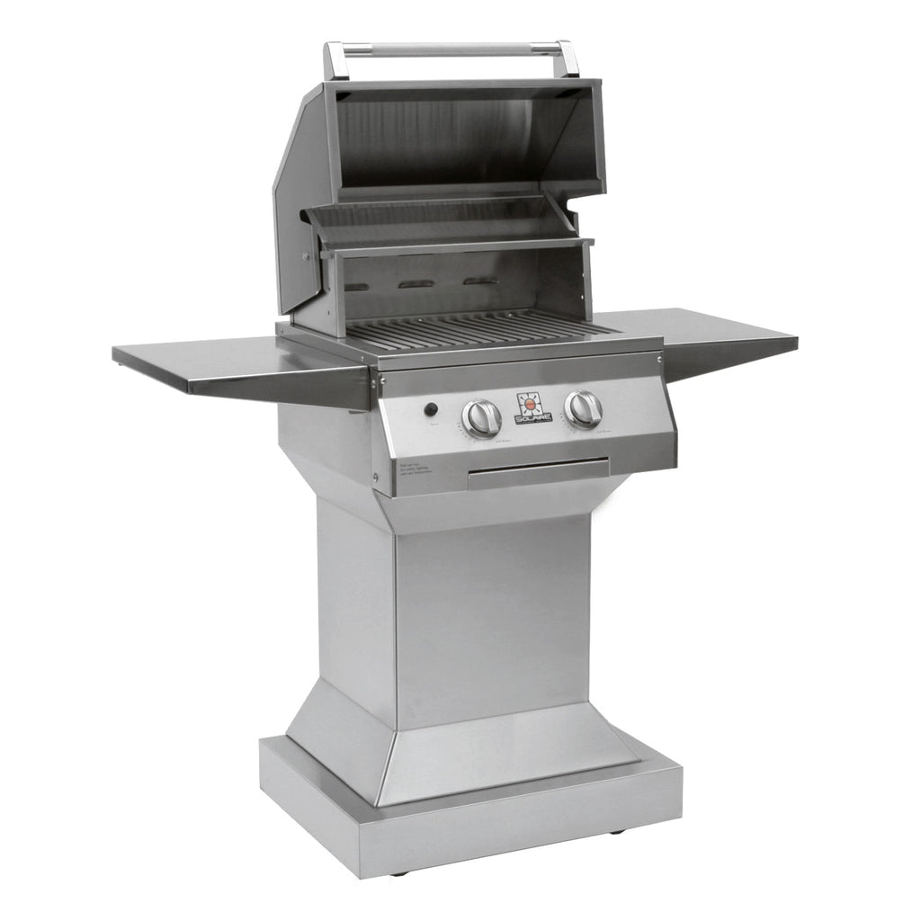 Stainless steel pedestal grill with open lid and cooking grate, front control panel