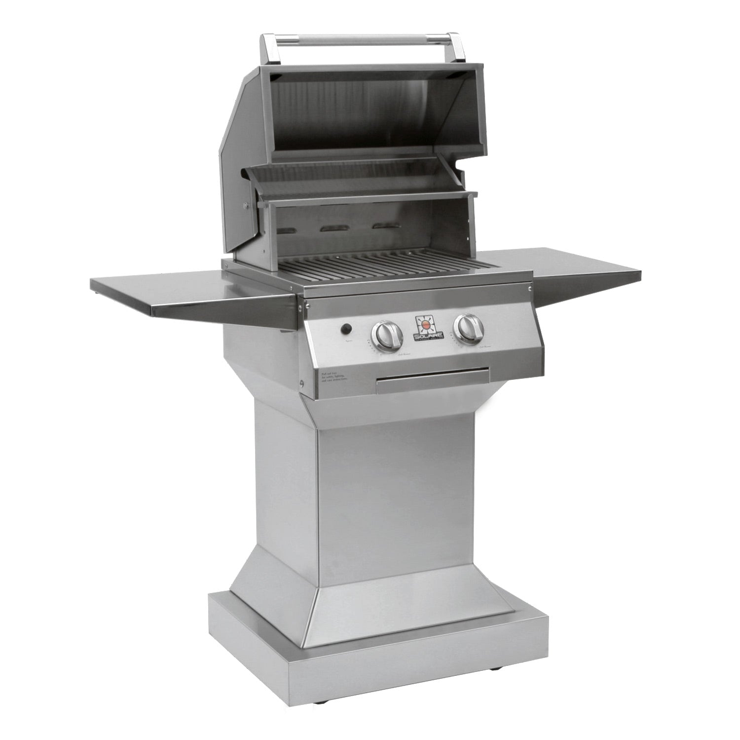 Stainless steel pedestal grill with open lid and cooking grate, front control panel