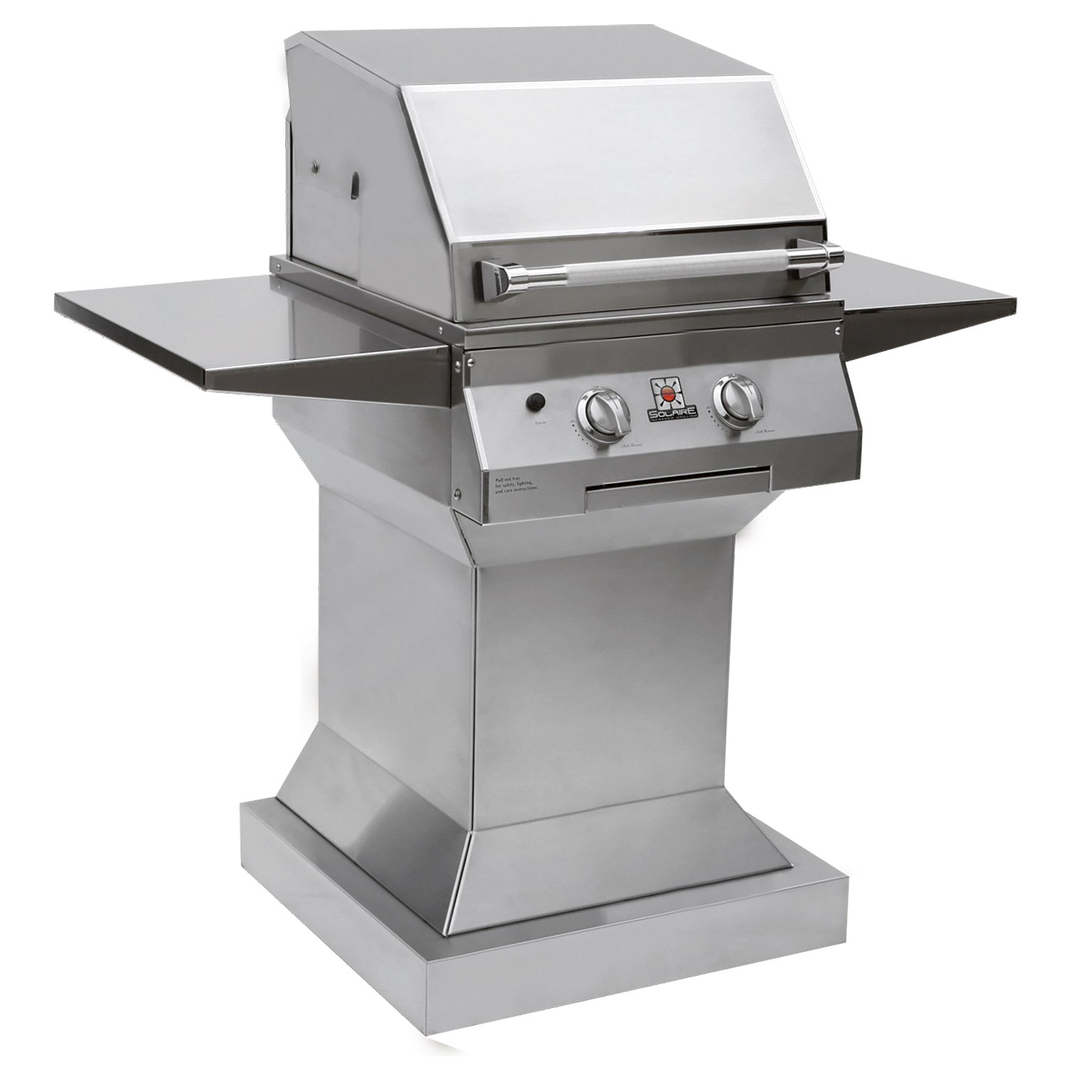 Stainless steel pedestal grill with open lid and front control knobs