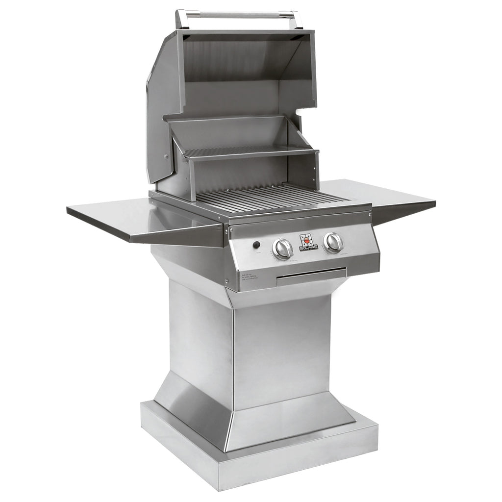 Stainless steel pedestal grill with open lid, warming rack, and front control panel