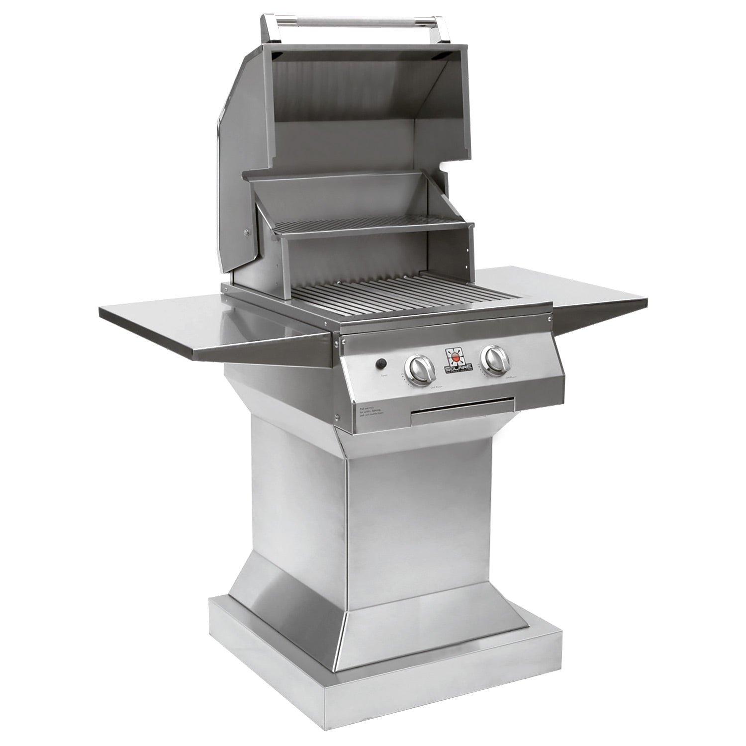 Stainless steel pedestal grill with open lid, warming rack, and front control panel