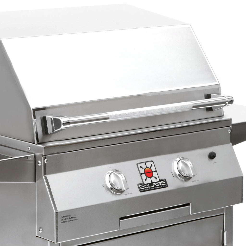 Stainless Solaire grill with open lid and two front control knobs