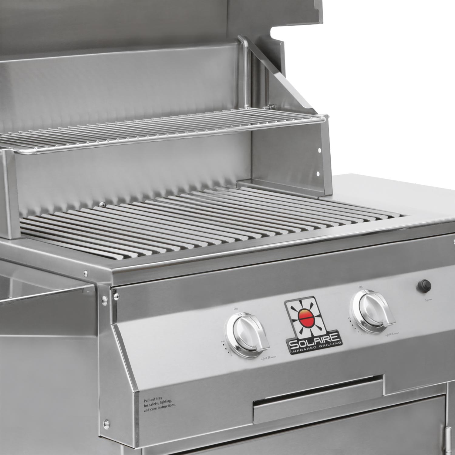 Open stainless Solaire grill lid with lower grate and front burner control area
