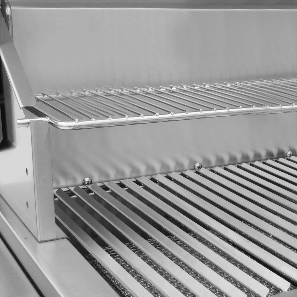 Stainless steel grill grates with infrared burner tubes inside open hood