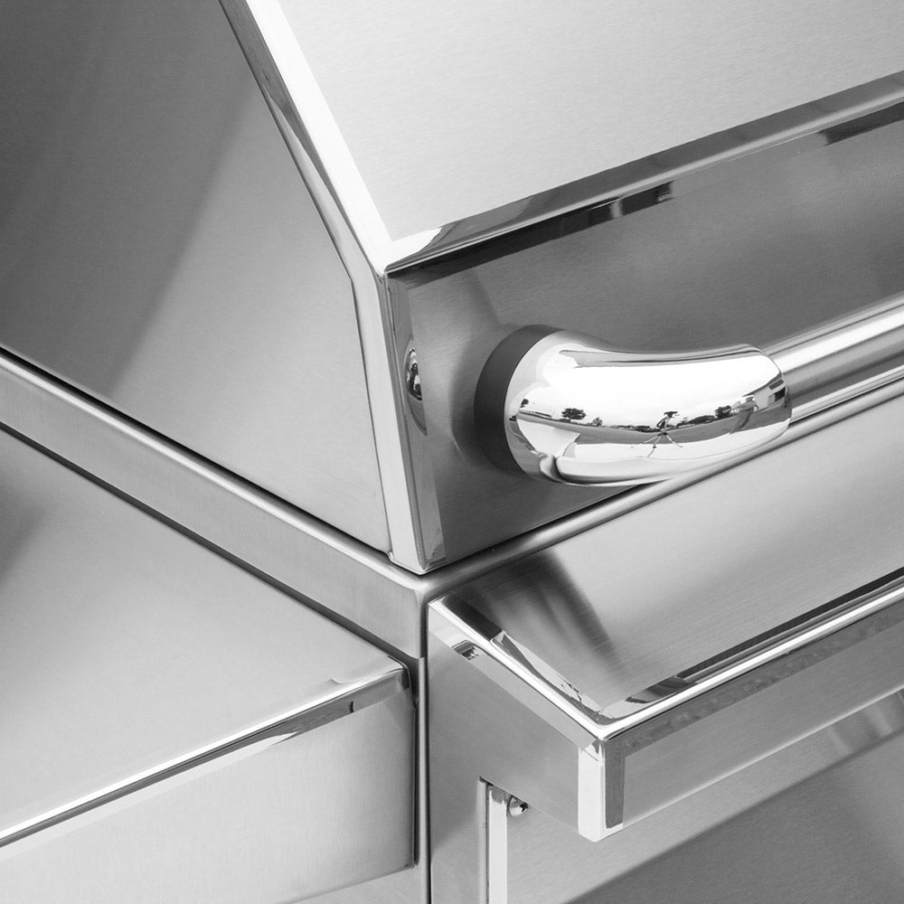 Stainless steel grill lid handle and control panel edge detail