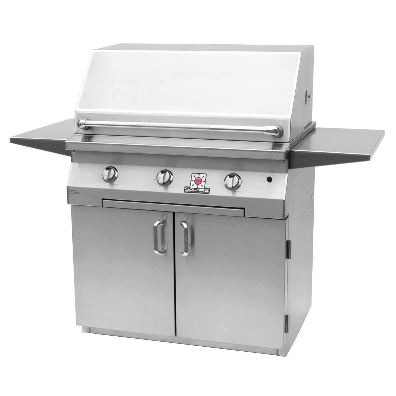 Freestanding stainless steel grill on 2-door cart, open front with control knobs