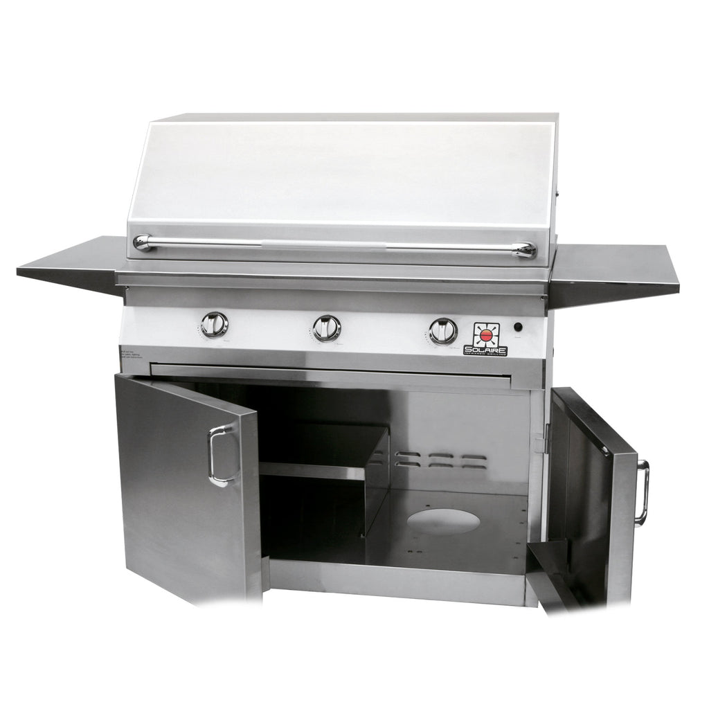 Stainless steel freestanding grill with open lid, front doors, and side shelf extension.