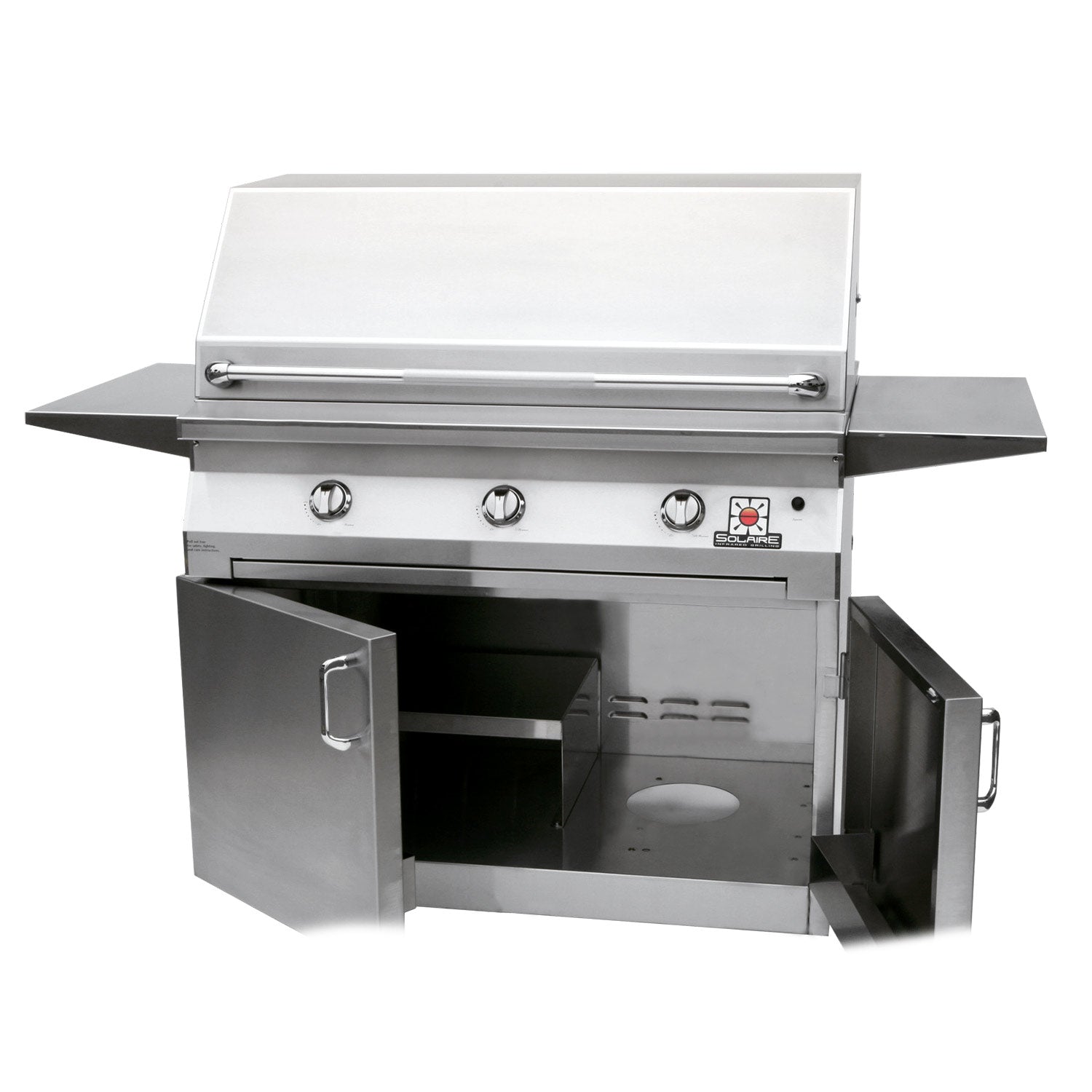 Stainless steel freestanding grill with open lid, front doors, and side shelf extension.