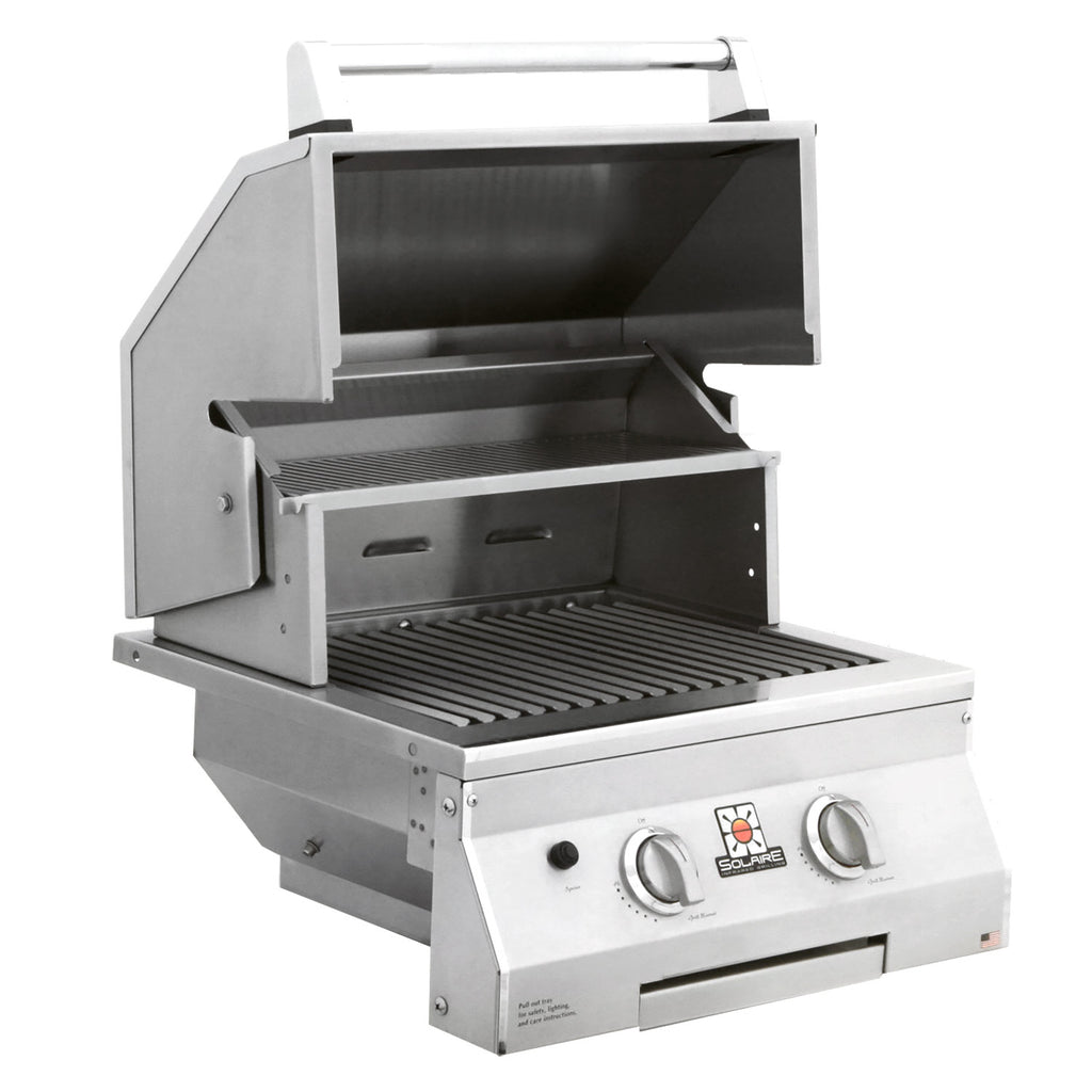 Stainless built-in infrared grill with lid open, warming shelf and grill grate