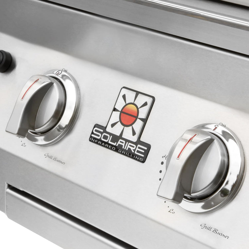 Stainless built-in grill controls with two knobs and Solaire infrared badge