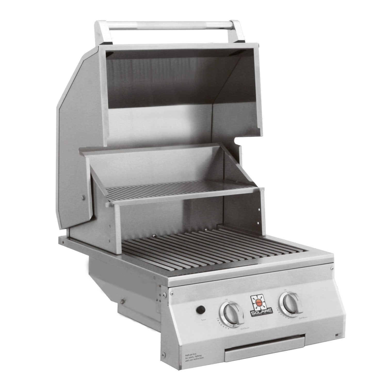 Solaire built-in grill with lid open, interior heat area, and drip tray