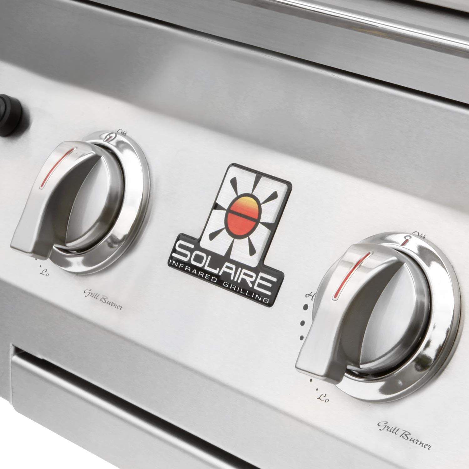 Solaire built-in grill control panel with two large knobs and infrared logo