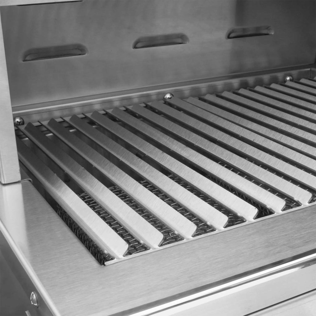 Solaire built-in grill interior with angled stainless burners and grate supports