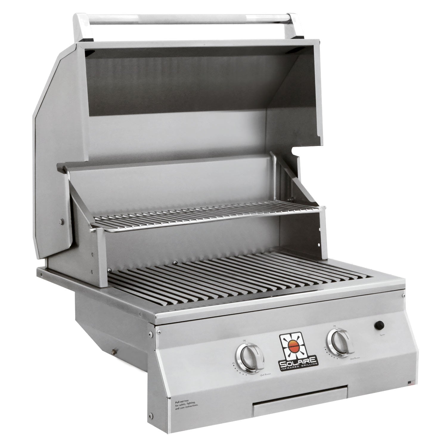 Built-in grill with open lid, cooking grates, and stainless interior