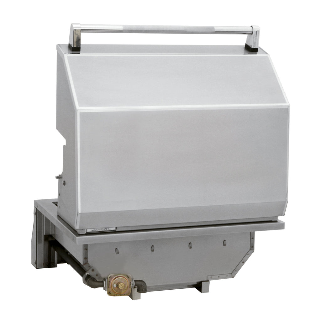 Built-in grill with closed lid and lower gas valve/regulator assembly