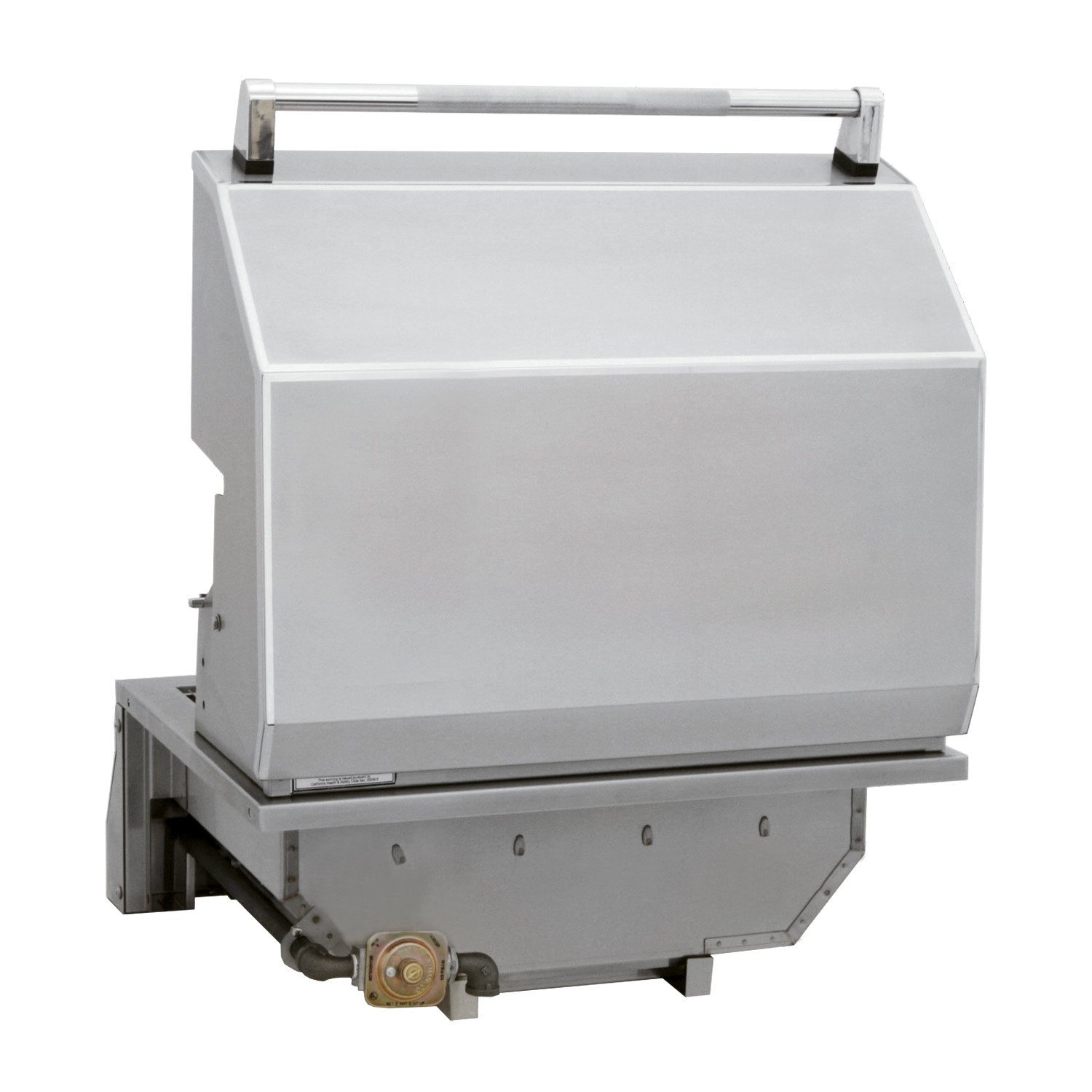 Built-in grill with closed lid and lower gas valve/regulator assembly
